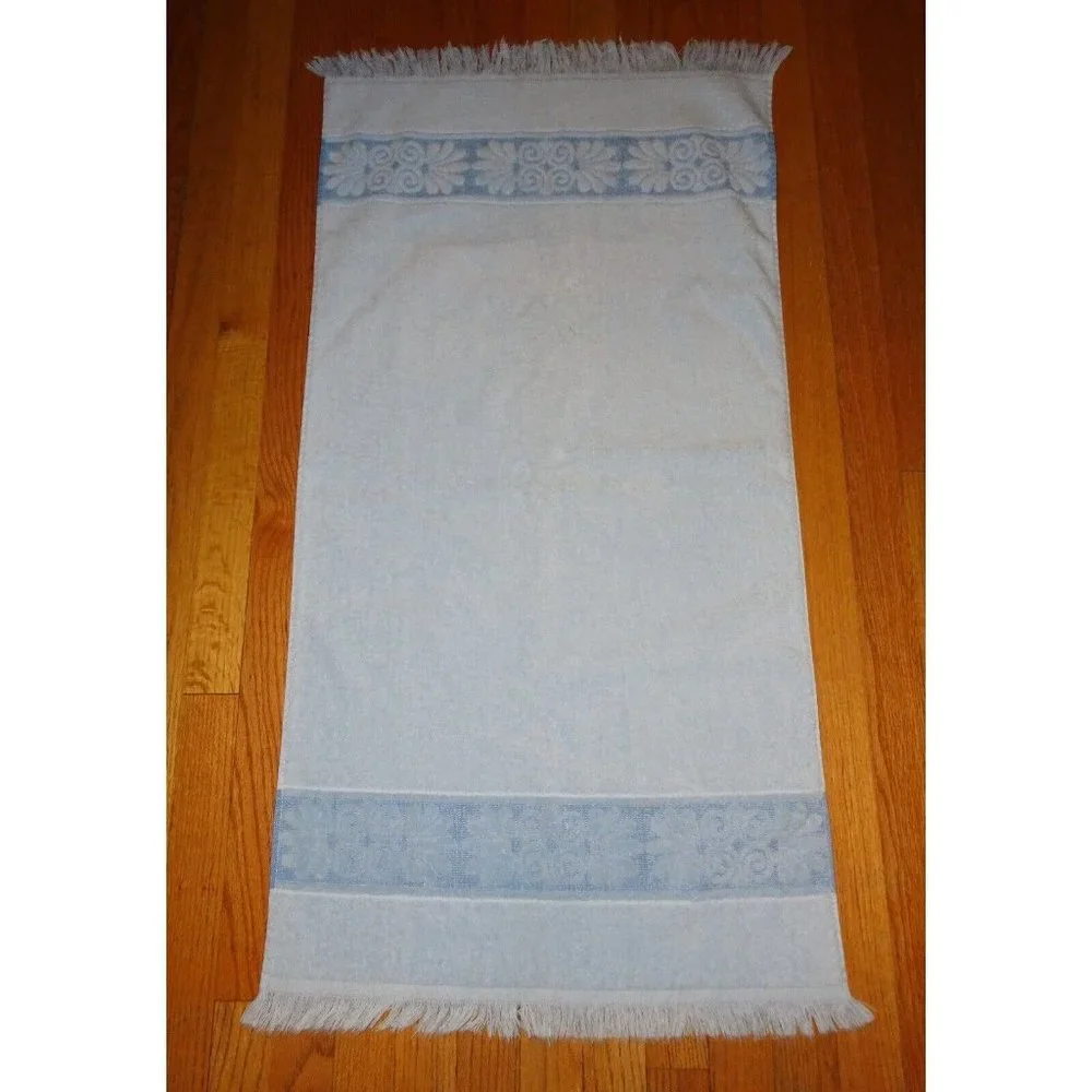 Vintage Light Blue Cannon Bath Towel with Fringe brocade panel 1970's mcm